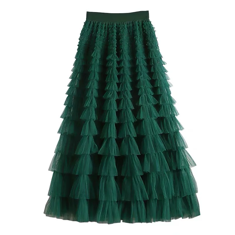 Сетчатая пышная юбка с темпераментом в виде листьев лотоса 2023, весенне-летнее новое сшитое тонкое женское платье, тонкая юбка-торт. 4
