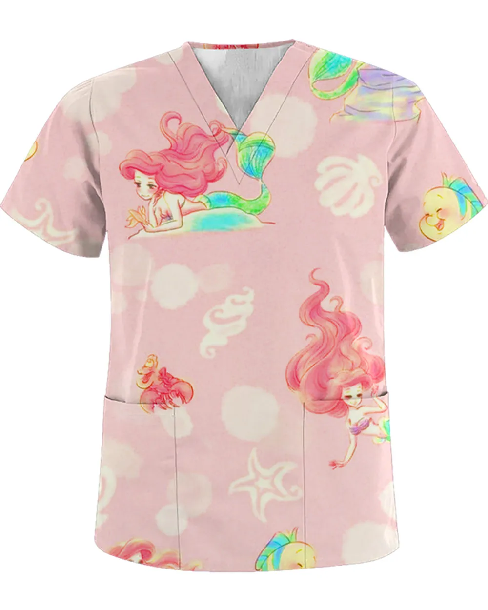 Униформа больничной медсестры, женская летняя футболка Disney с принцессой-русалкой, рубашка с V-образным вырезом и карманом, футболка Disney, женская футболка 2023 года 1