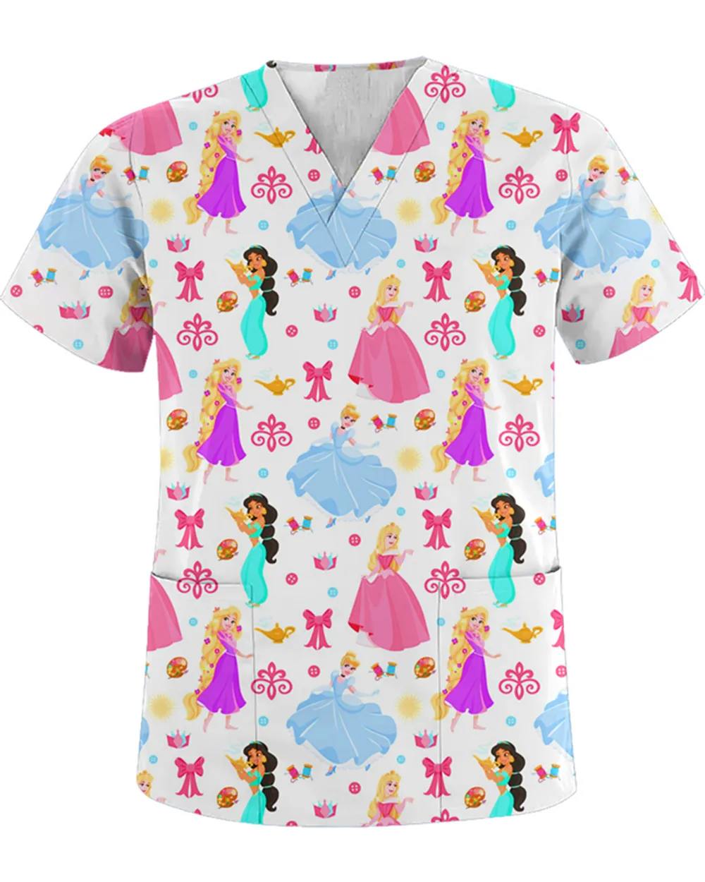 Униформа больничной медсестры, женская летняя футболка Disney с принцессой-русалкой, рубашка с V-образным вырезом и карманом, футболка Disney, женская футболка 2023 года 3