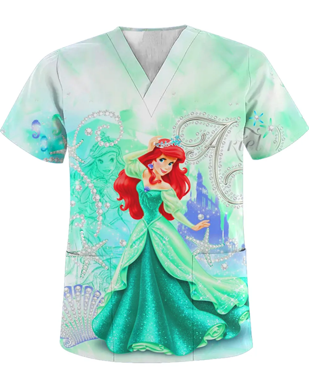 Униформа больничной медсестры, женская летняя футболка Disney с принцессой-русалкой, рубашка с V-образным вырезом и карманом, футболка Disney, женская футболка 2023 года 5