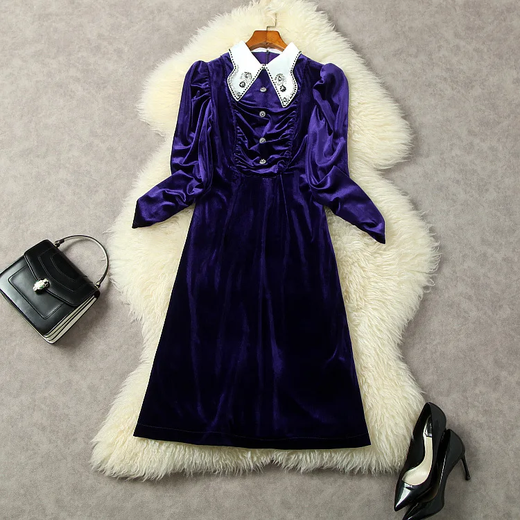 Женская одежда на зиму 2023, лацкан с длинным рукавом, лацкан из бисера, модное фиолетовое бархатное платье, новинки Европы и Америки 0