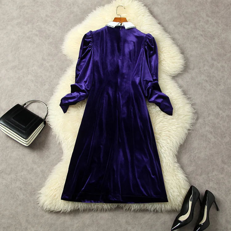 Женская одежда на зиму 2023, лацкан с длинным рукавом, лацкан из бисера, модное фиолетовое бархатное платье, новинки Европы и Америки 1
