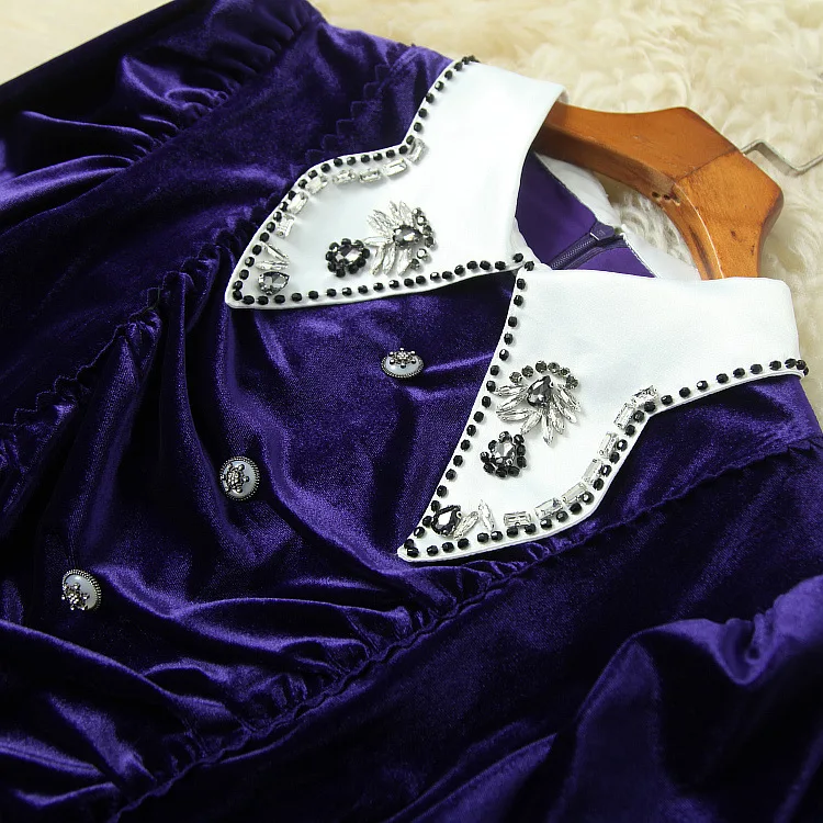 Женская одежда на зиму 2023, лацкан с длинным рукавом, лацкан из бисера, модное фиолетовое бархатное платье, новинки Европы и Америки 2