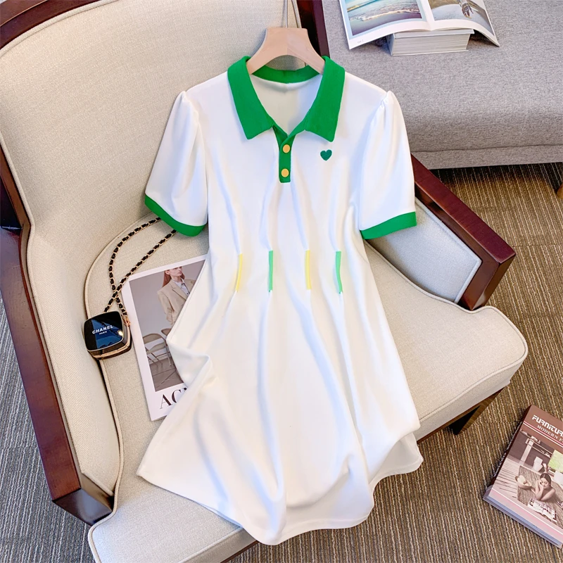 Летнее Универсальное Бело-зеленое повседневное платье в стиле пэчворк трапециевидной формы для женщин, мини-платья с отложным воротником и коротким рукавом 0