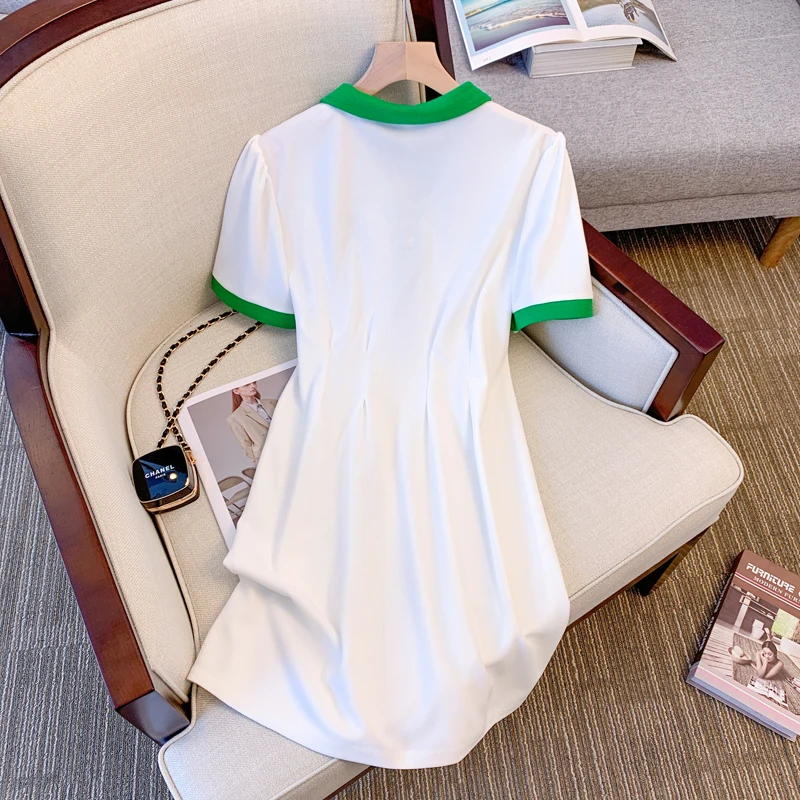 Летнее Универсальное Бело-зеленое повседневное платье в стиле пэчворк трапециевидной формы для женщин, мини-платья с отложным воротником и коротким рукавом 1