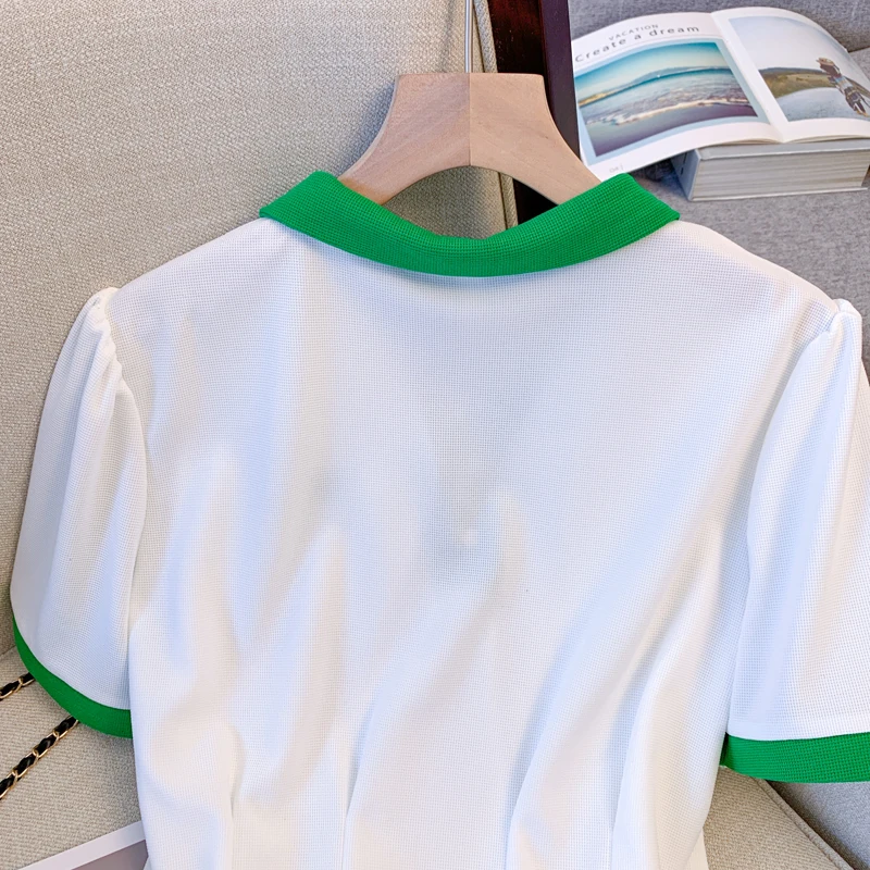 Летнее Универсальное Бело-зеленое повседневное платье в стиле пэчворк трапециевидной формы для женщин, мини-платья с отложным воротником и коротким рукавом 3