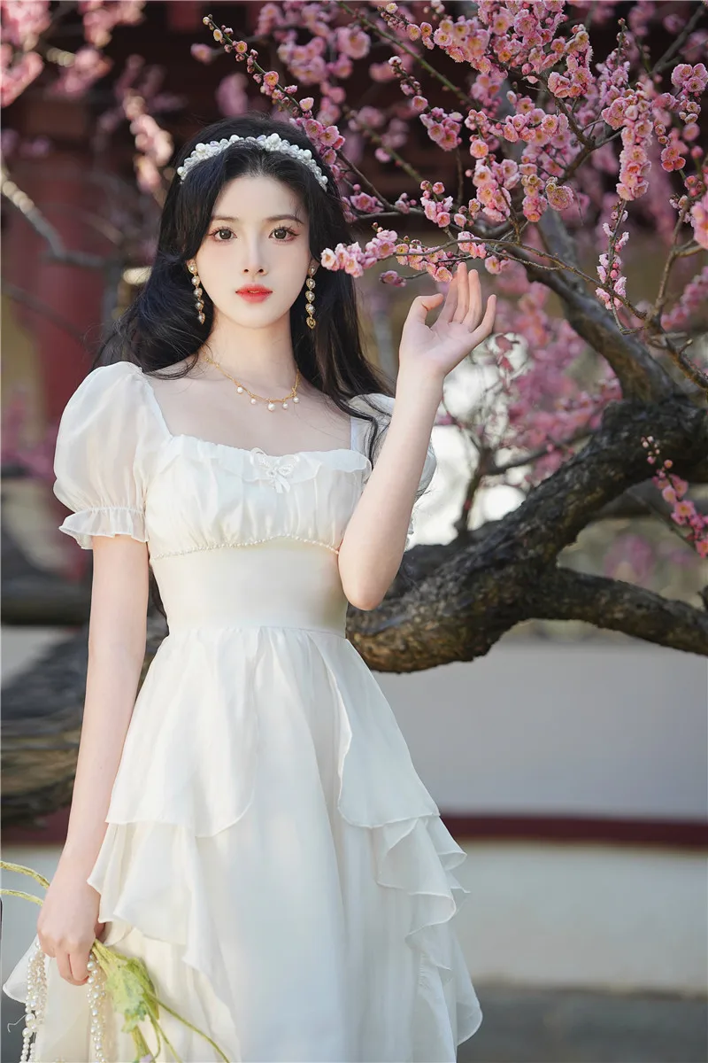 Женское платье Макси из белого шифона YOSIMI с коротким рукавом, винтаж 2023, квадратный воротник, длинный рукав, женское вечернее платье в стиле Ампир, элегантное 1