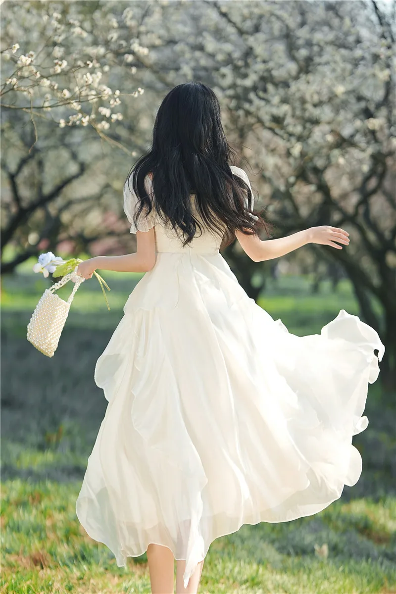 Женское платье Макси из белого шифона YOSIMI с коротким рукавом, винтаж 2023, квадратный воротник, длинный рукав, женское вечернее платье в стиле Ампир, элегантное 2