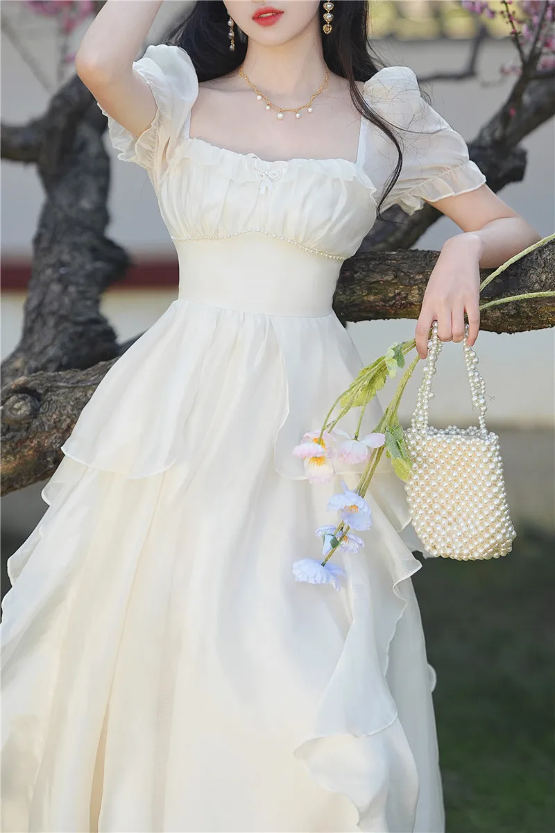 Женское платье Макси из белого шифона YOSIMI с коротким рукавом, винтаж 2023, квадратный воротник, длинный рукав, женское вечернее платье в стиле Ампир, элегантное 3