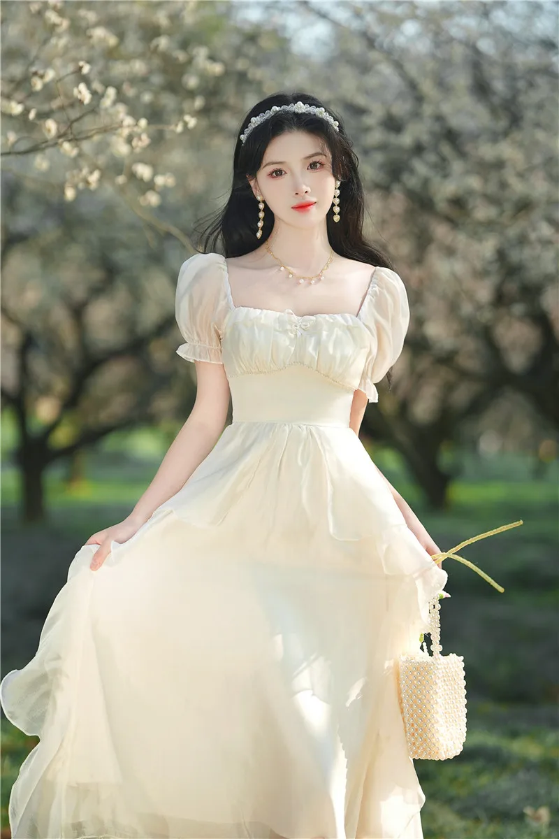 Женское платье Макси из белого шифона YOSIMI с коротким рукавом, винтаж 2023, квадратный воротник, длинный рукав, женское вечернее платье в стиле Ампир, элегантное 4