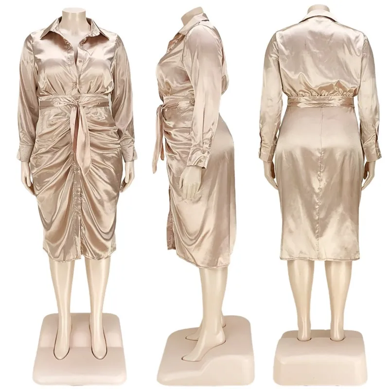 Африканская мода Темперамент Женская Светоотражающая Шелковая плиссированная рубашка на шнуровке с подвернутой талией, платье с длинными рукавами 4