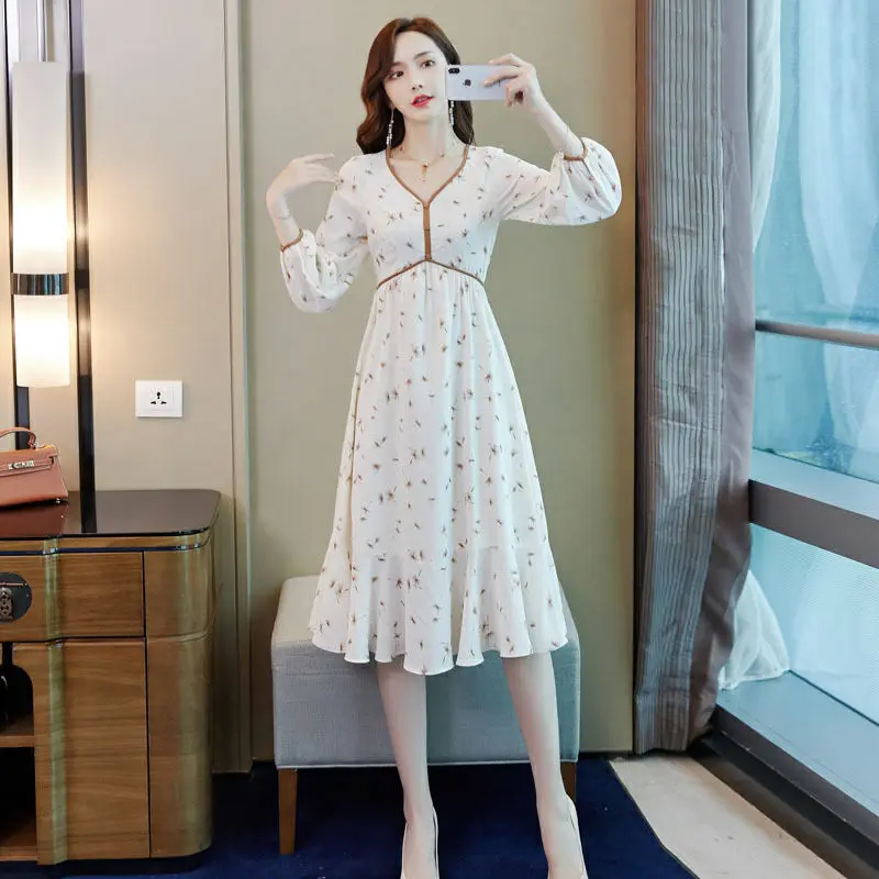 Шифоновое платье с цветочным рисунком, женское осеннее новое платье в корейском стиле, свободное, повседневное, до середины икры, простое, универсальное, модное, удобное, Популярная эстетика 2