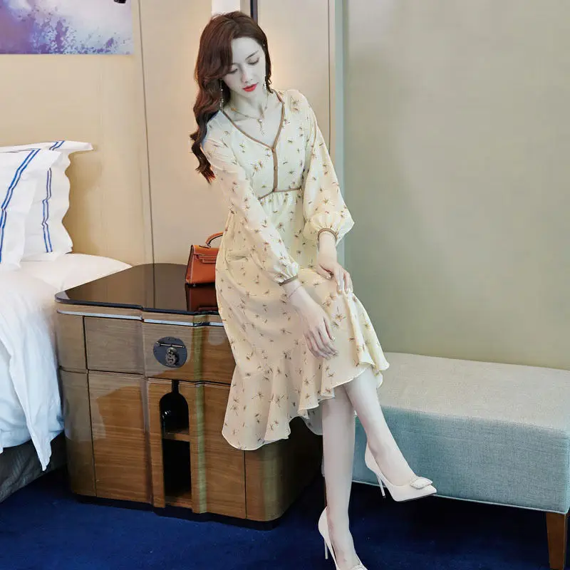 Шифоновое платье с цветочным рисунком, женское осеннее новое платье в корейском стиле, свободное, повседневное, до середины икры, простое, универсальное, модное, удобное, Популярная эстетика 3