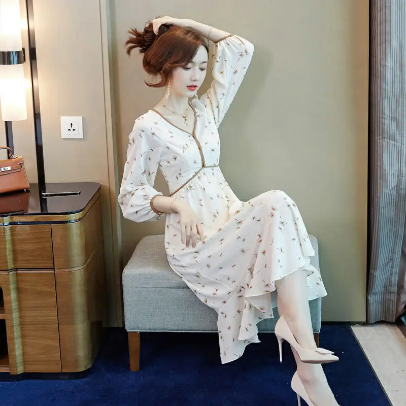 Шифоновое платье с цветочным рисунком, женское осеннее новое платье в корейском стиле, свободное, повседневное, до середины икры, простое, универсальное, модное, удобное, Популярная эстетика 4