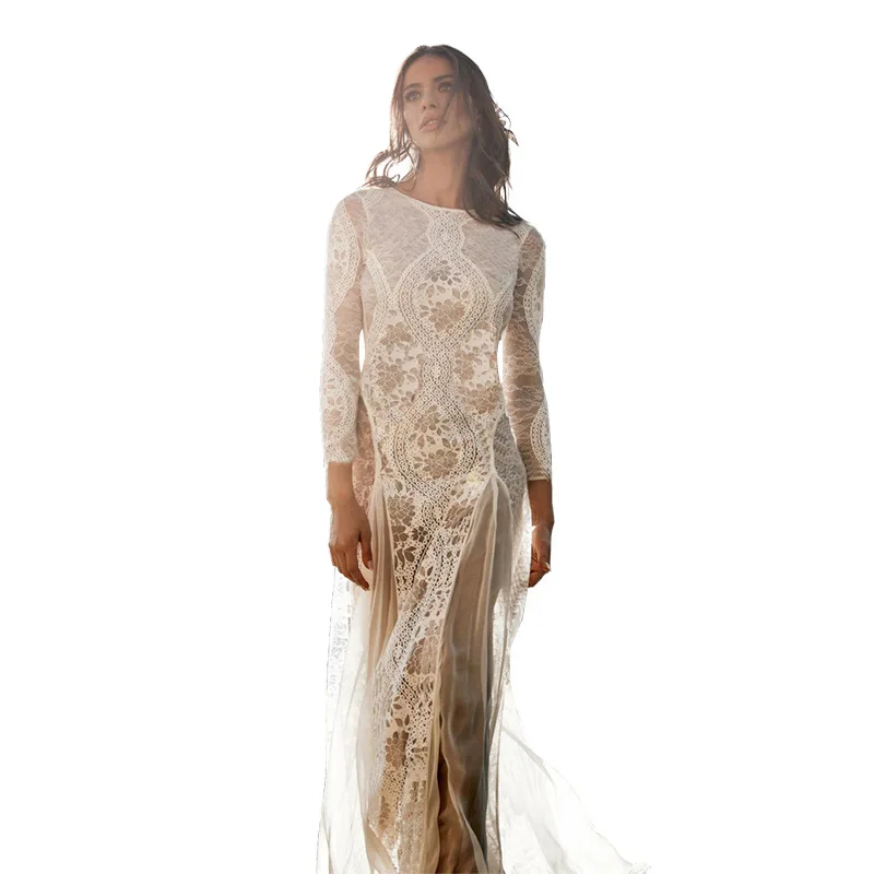 Летнее Женское длинное вечернее платье 2023 года, Винтажное платье длиной до пола с длинным рукавом, Сексуальное Белое кружевное платье Макси с открытой спиной 1