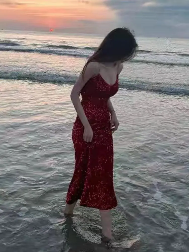 Сексуальное женское платье на подтяжках с красными блестками большого размера, весенне-летнее платье для ежегодных вечеринок senior sense, модная юбка с рыбьим хвостом 0