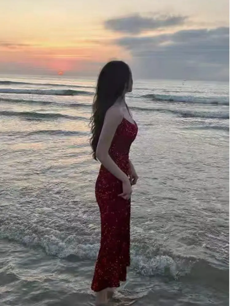 Сексуальное женское платье на подтяжках с красными блестками большого размера, весенне-летнее платье для ежегодных вечеринок senior sense, модная юбка с рыбьим хвостом 1