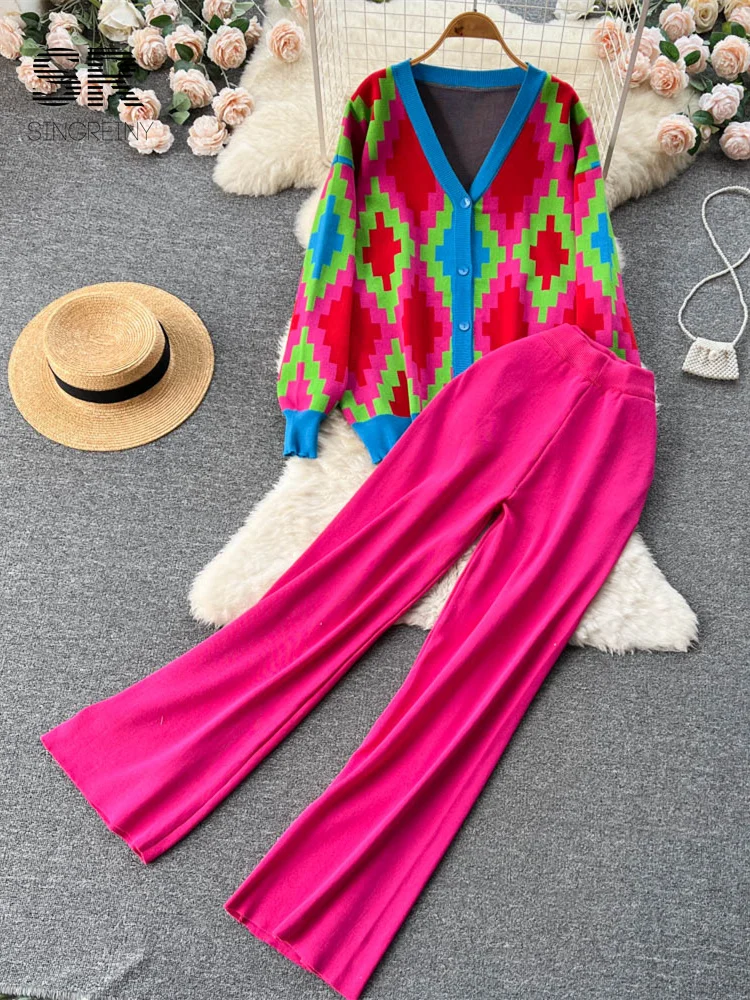 Однотонный осенний клетчатый свитер, костюмы-двойки, вязаные женские топы с длинным рукавом и V-образным вырезом, широкие брюки с карманами, Модный зимний комплект 1