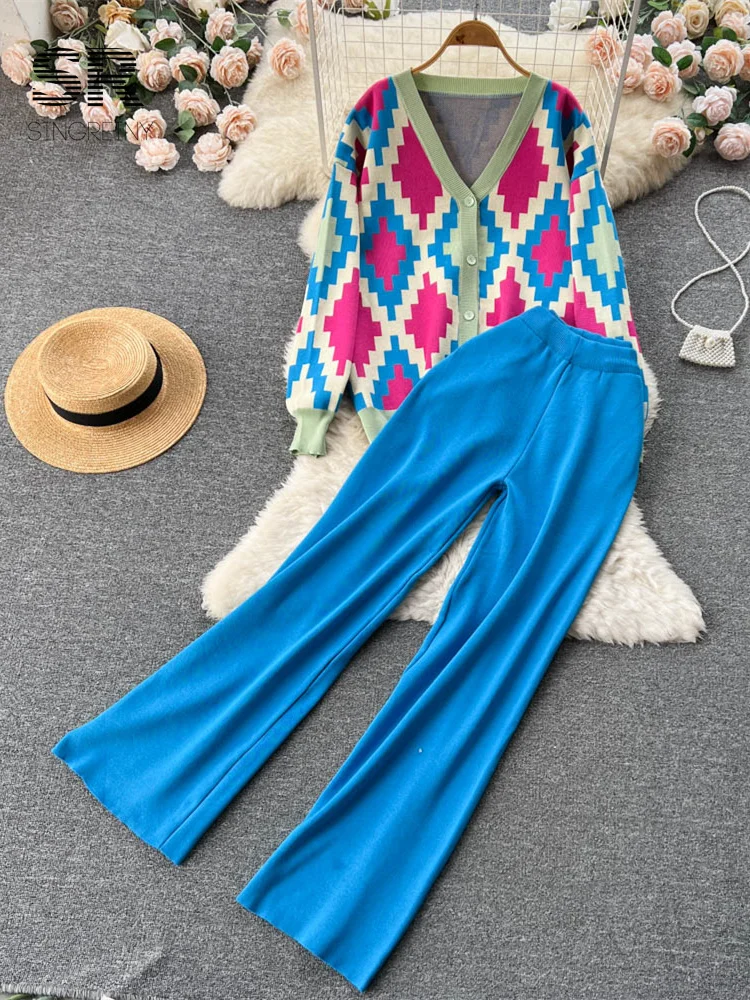 Однотонный осенний клетчатый свитер, костюмы-двойки, вязаные женские топы с длинным рукавом и V-образным вырезом, широкие брюки с карманами, Модный зимний комплект 3