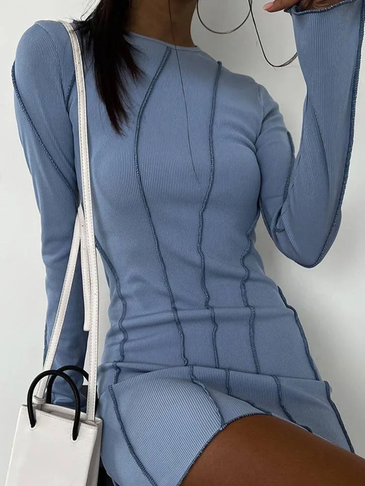 Сексуальное клубное трикотажное мини-облегающее вечернее женское платье Y2K в рубчик, осеннее модное платье в полоску с круглым вырезом и длинным рукавом 2023 г. 1