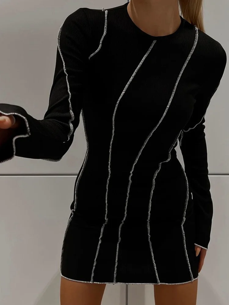 Сексуальное клубное трикотажное мини-облегающее вечернее женское платье Y2K в рубчик, осеннее модное платье в полоску с круглым вырезом и длинным рукавом 2023 г. 2
