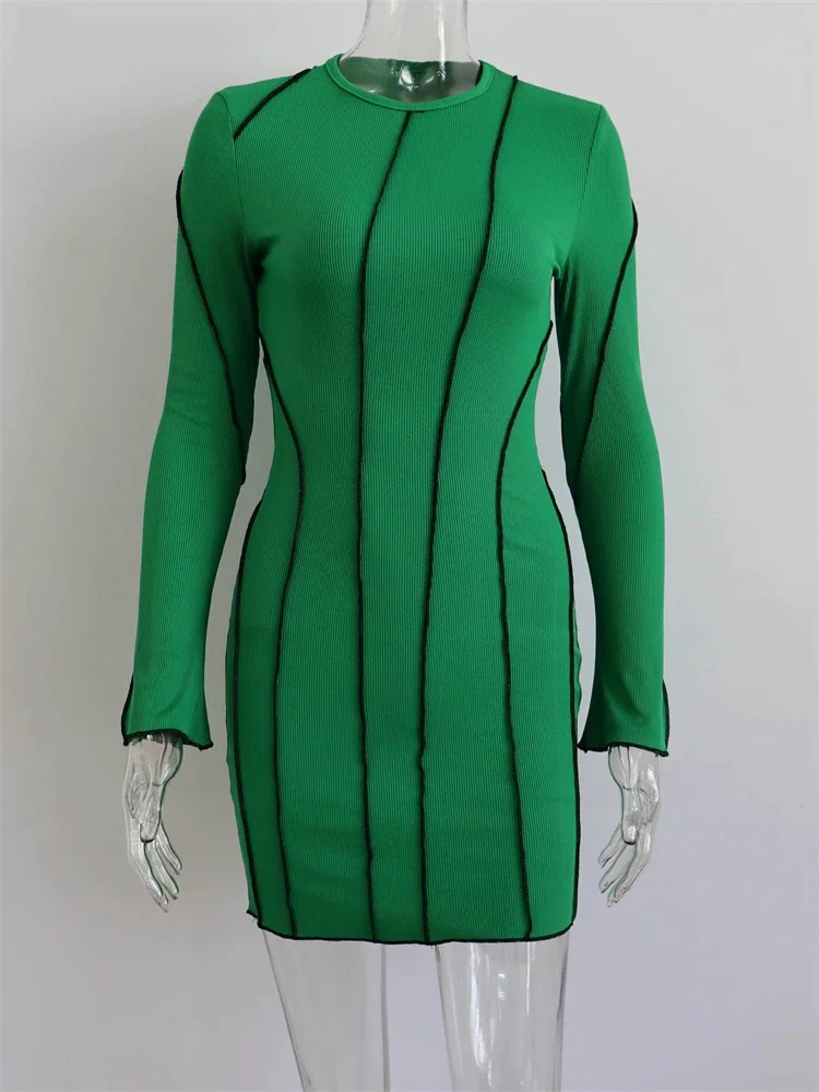Сексуальное клубное трикотажное мини-облегающее вечернее женское платье Y2K в рубчик, осеннее модное платье в полоску с круглым вырезом и длинным рукавом 2023 г. 5