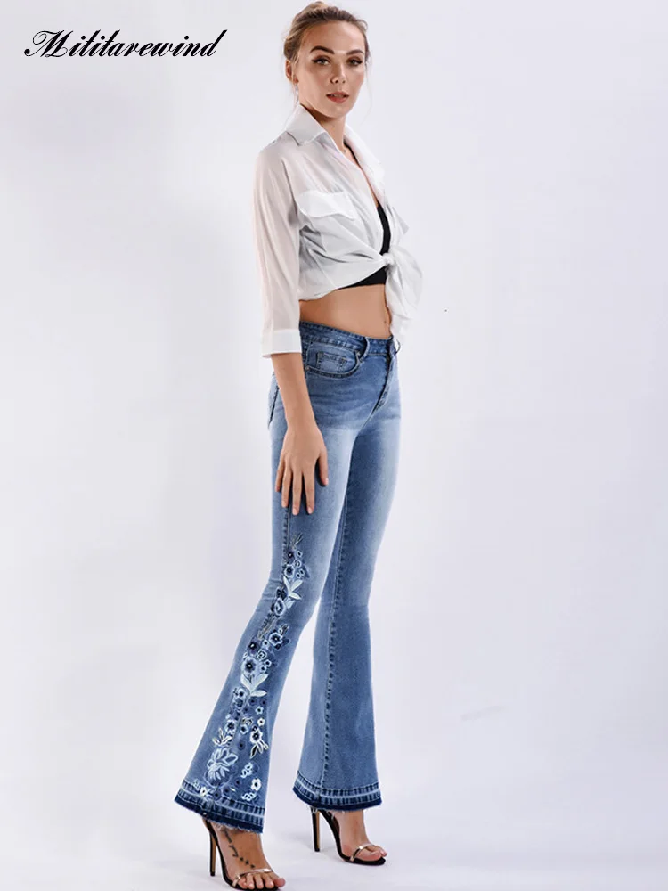 Женские джинсы с цветочной вышивкой, 3D Тяжелая промышленность, весенне-осенние джинсовые брюки, женские расклешенные брюки Y2K со средней талией, S-4XL 0