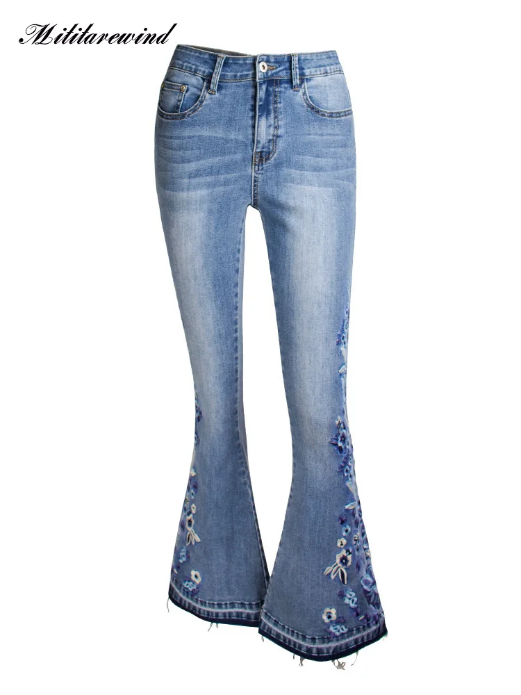 Женские джинсы с цветочной вышивкой, 3D Тяжелая промышленность, весенне-осенние джинсовые брюки, женские расклешенные брюки Y2K со средней талией, S-4XL 5
