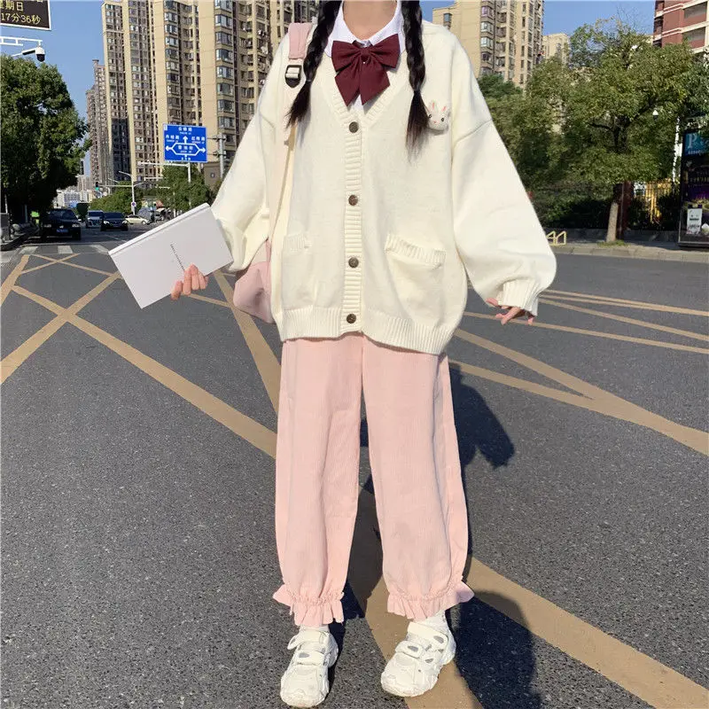 2021 Новые Женские брюки В Японском стиле, Вельветовые Свободные Повседневные Студенческие Прямые шаровары, Розовые Милые Женские брюки 1