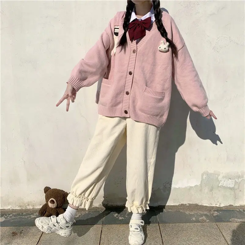 2021 Новые Женские брюки В Японском стиле, Вельветовые Свободные Повседневные Студенческие Прямые шаровары, Розовые Милые Женские брюки 3