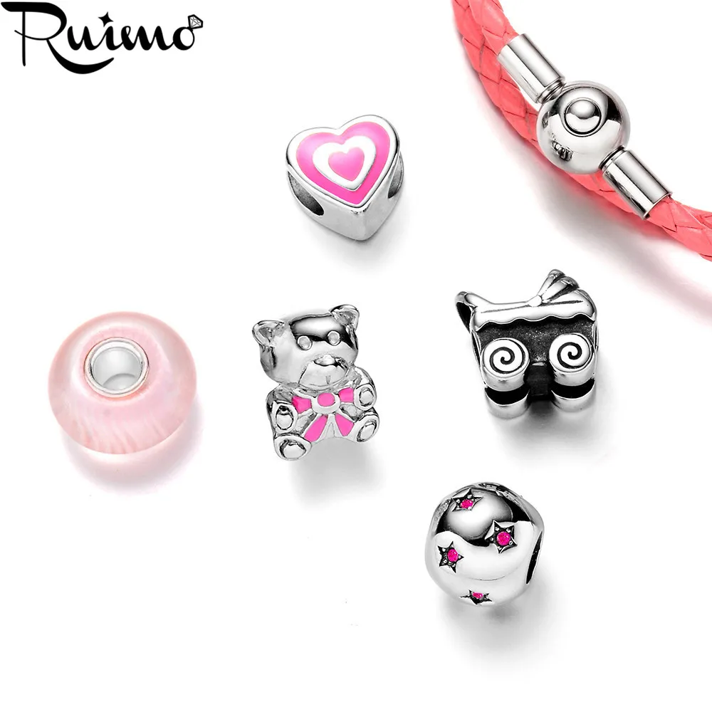 RUIMO Нержавеющая сталь 316l, Розовое эмалевое сердце, Европейские бусины-шармы для женского браслета 