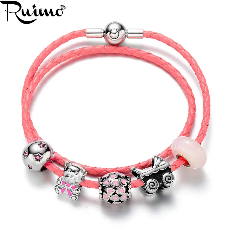 RUIMO Нержавеющая сталь 316l, Розовое эмалевое сердце, Европейские бусины-шармы для женского браслета 