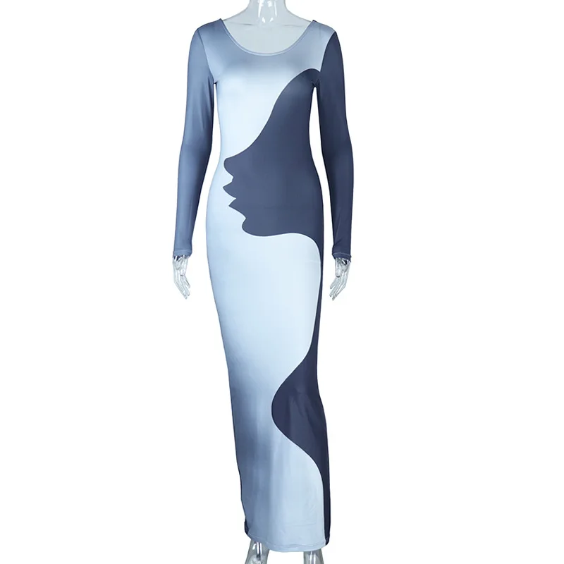 Женское платье Миди с длинным рукавом, с нерегулярным принтом, в стиле пэчворк, с круглым вырезом, облегающее повседневное платье S-L 3