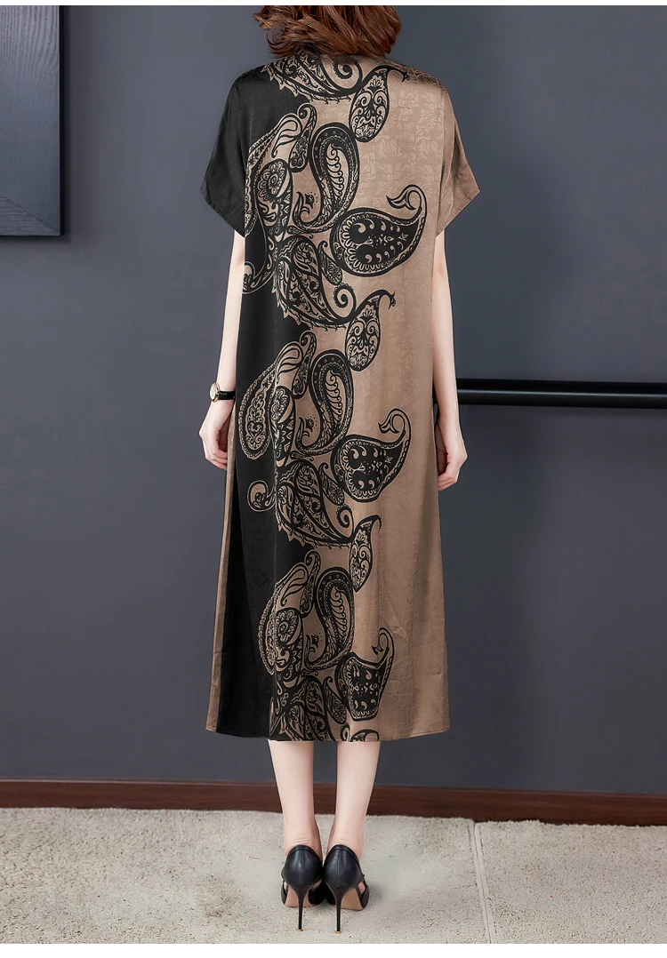 2023 Летнее Новое шелковое платье с коротким рукавом, свободная женская атласная юбка выше колена с этническим принтом и круглым вырезом 1