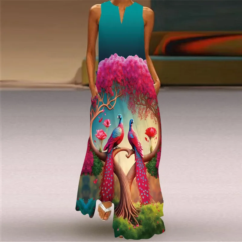 Женское Макси-платье без рукавов С Цветочным принтом Бабочки и Павлина, Длинное платье с V-образным вырезом и карманом, S-5XL 13 цветов 2