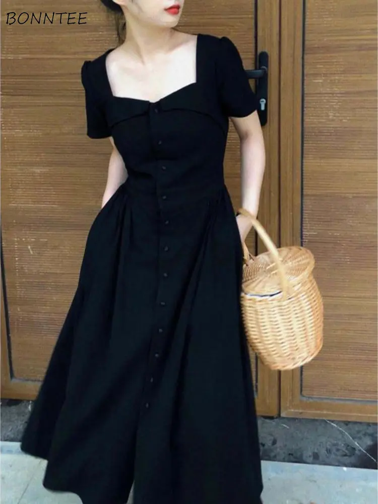 Черное элегантное женское платье в минималистичном стиле, летнее, с коротким рукавом, Офисное, женское, Нежное, милое, винтажное, с квадратным воротником, с шикарным дизайном Mujer OOTD 0