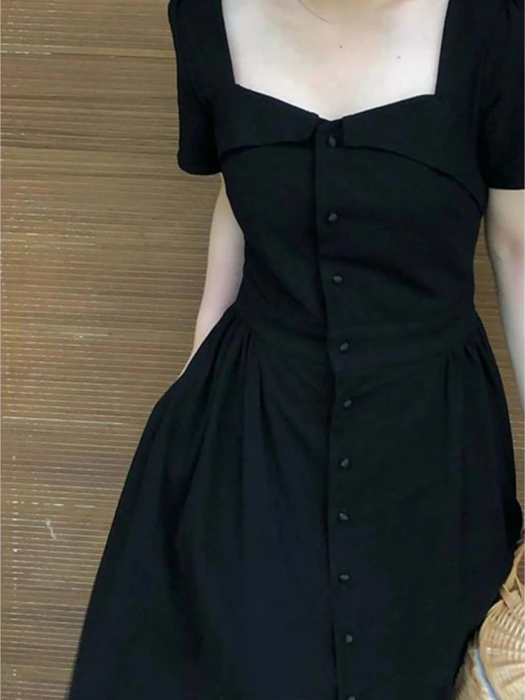 Черное элегантное женское платье в минималистичном стиле, летнее, с коротким рукавом, Офисное, женское, Нежное, милое, винтажное, с квадратным воротником, с шикарным дизайном Mujer OOTD 1