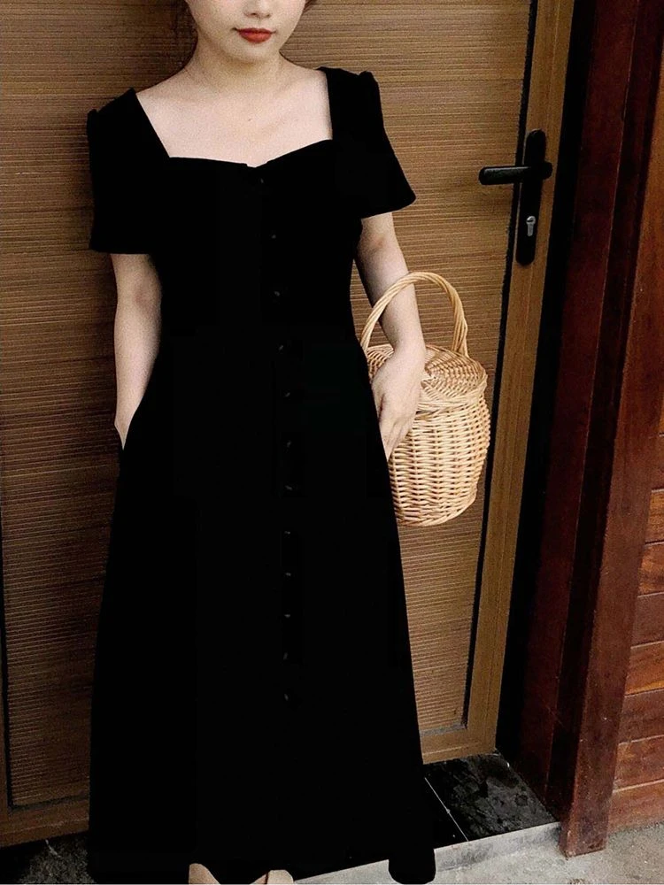 Черное элегантное женское платье в минималистичном стиле, летнее, с коротким рукавом, Офисное, женское, Нежное, милое, винтажное, с квадратным воротником, с шикарным дизайном Mujer OOTD 2