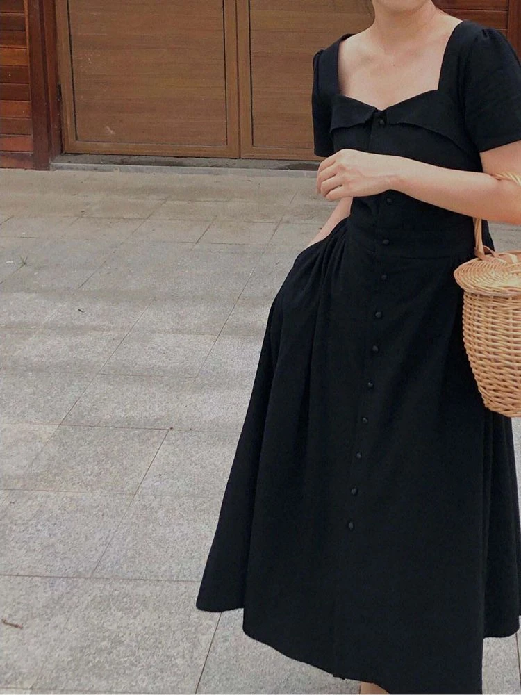 Черное элегантное женское платье в минималистичном стиле, летнее, с коротким рукавом, Офисное, женское, Нежное, милое, винтажное, с квадратным воротником, с шикарным дизайном Mujer OOTD 3