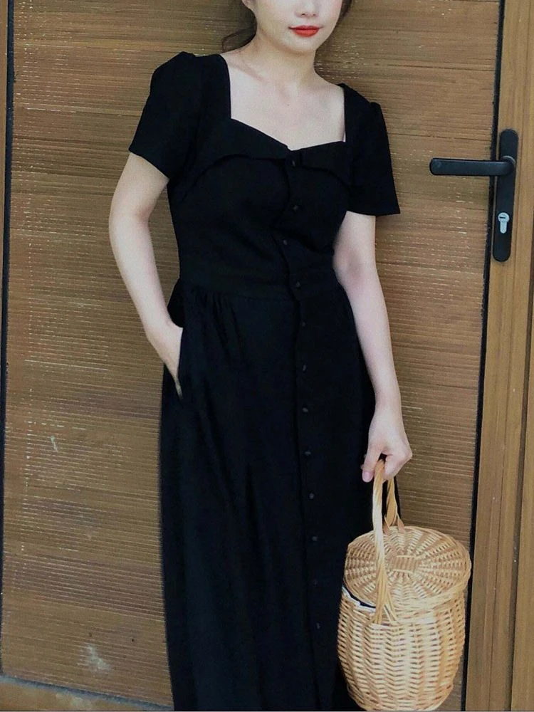 Черное элегантное женское платье в минималистичном стиле, летнее, с коротким рукавом, Офисное, женское, Нежное, милое, винтажное, с квадратным воротником, с шикарным дизайном Mujer OOTD 5