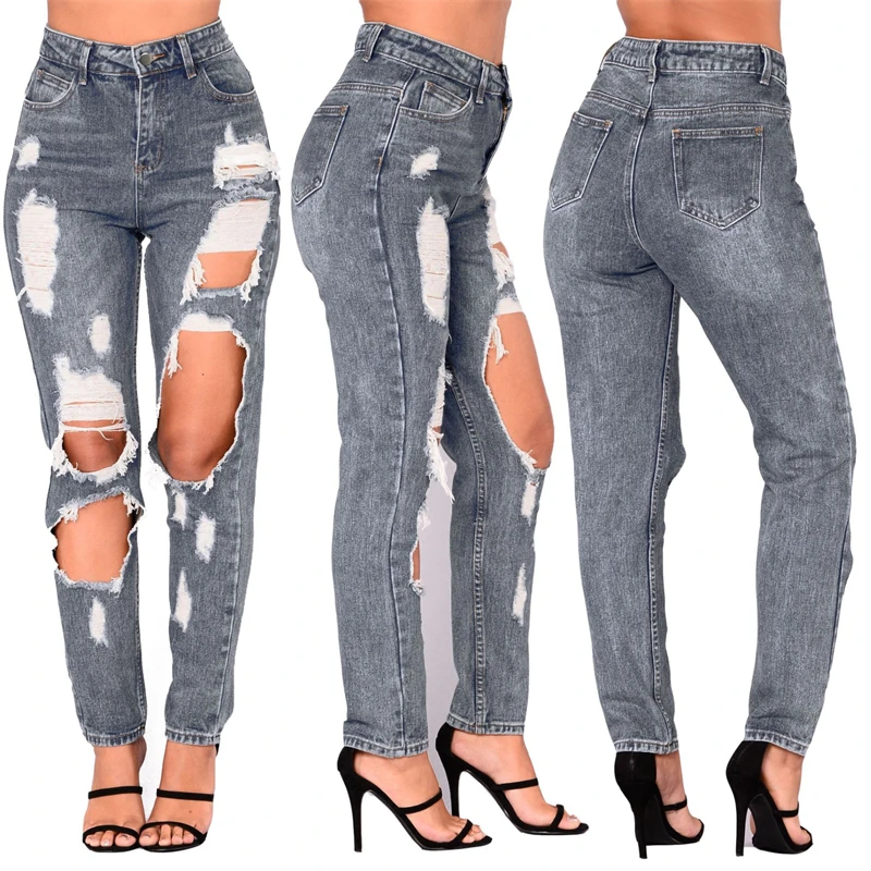 2023 Новое поступление, сексуальные рваные тонкие серые джинсы для женщин, модные повседневные прямые джинсовые брюки с высокой талией, уличная одежда 5
