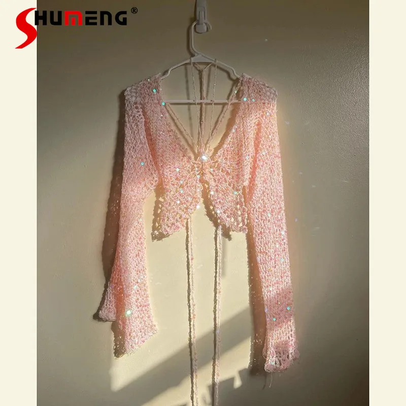 Летний вязаный кардиган с блестками, женская красивая розовая рубашка-шаль, уличная одежда, повседневный топ с длинным рукавом и V-образным вырезом в тон. 0