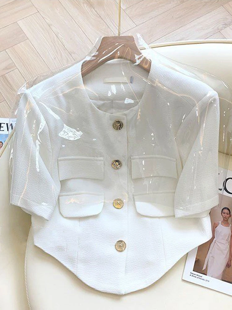 Летние Корейские Элегантные Модные Маленькие Ароматные рубашки 2023 Года, Французский Винтажный топ с коротким рукавом, Асимметричная Короткая блузка 0