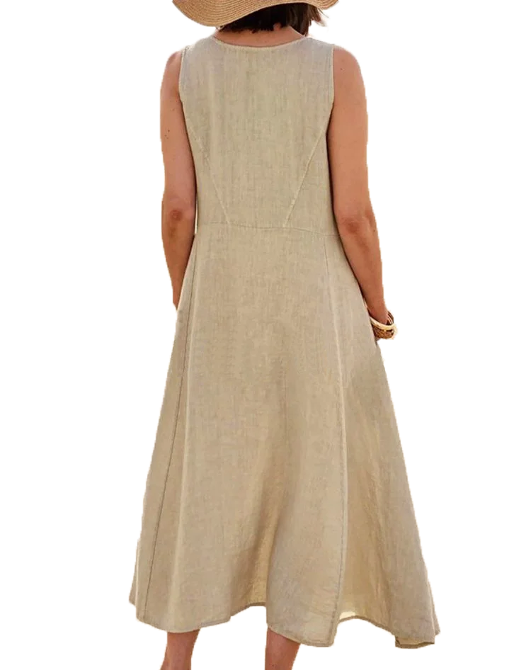2023 Летнее женское хлопковое льняное свободное однотонное длинное платье без рукавов для повседневной уличной одежды 2
