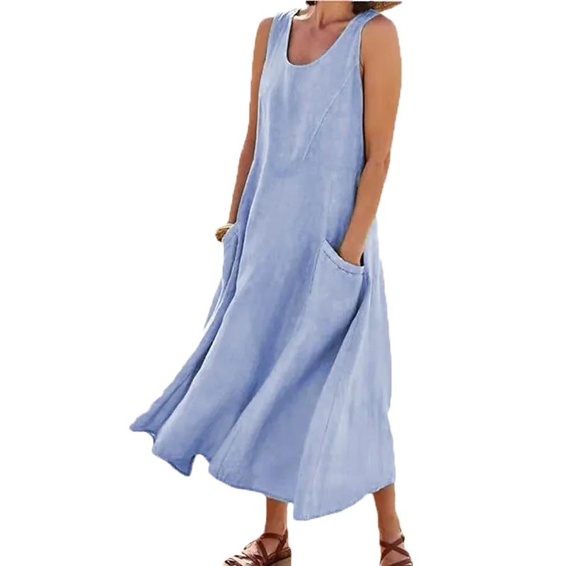 2023 Летнее женское хлопковое льняное свободное однотонное длинное платье без рукавов для повседневной уличной одежды 3