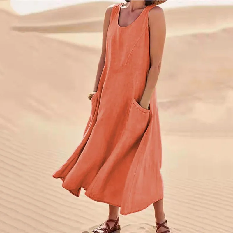 2023 Летнее женское хлопковое льняное свободное однотонное длинное платье без рукавов для повседневной уличной одежды 4