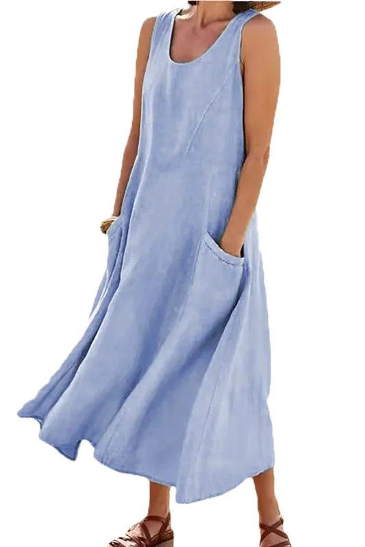 2023 Летнее женское хлопковое льняное свободное однотонное длинное платье без рукавов для повседневной уличной одежды 5