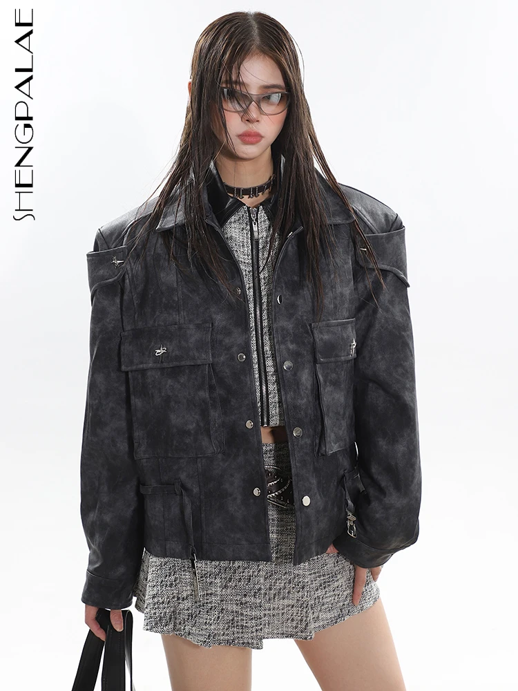 Женская кожаная куртка SHENGPALAE Fashion Tie Dye с лацканами, карман с металлической пряжкой, Свободное пальто в стиле пэчворк, осень 2023, Новинка Tide 5R5647 0