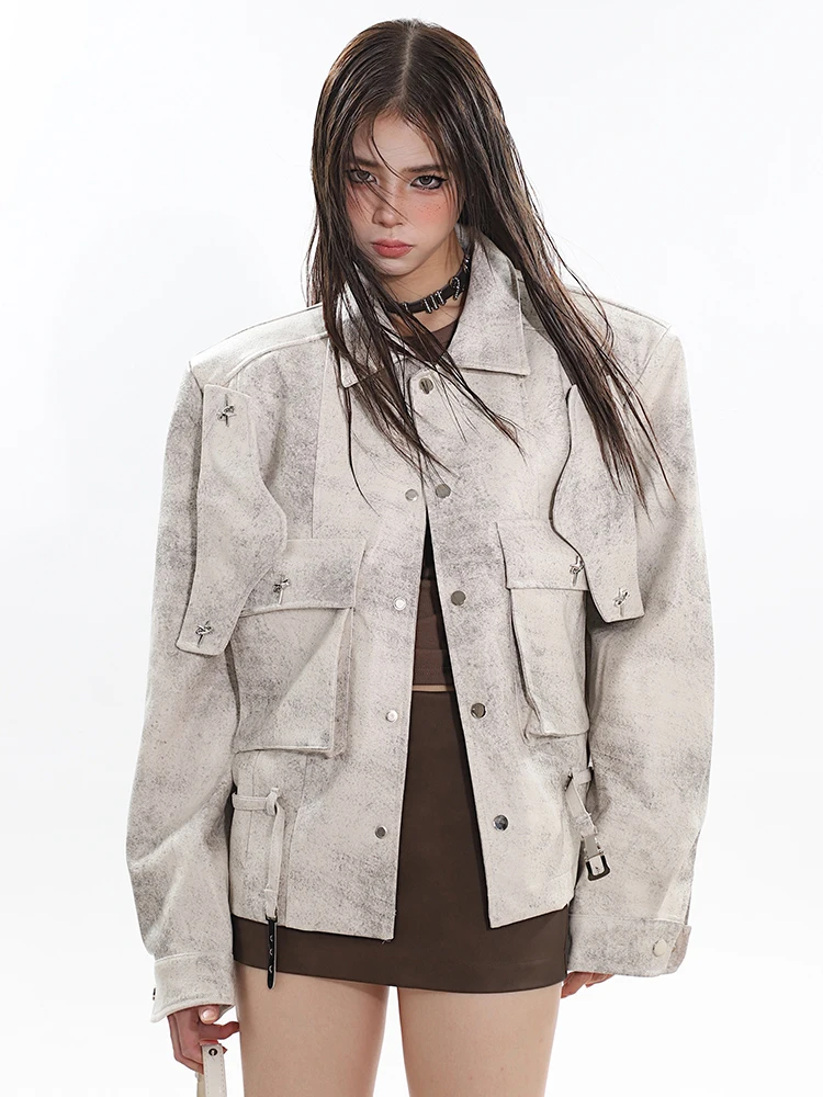 Женская кожаная куртка SHENGPALAE Fashion Tie Dye с лацканами, карман с металлической пряжкой, Свободное пальто в стиле пэчворк, осень 2023, Новинка Tide 5R5647 2