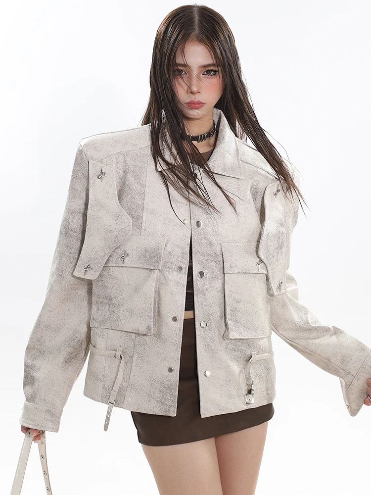Женская кожаная куртка SHENGPALAE Fashion Tie Dye с лацканами, карман с металлической пряжкой, Свободное пальто в стиле пэчворк, осень 2023, Новинка Tide 5R5647 3
